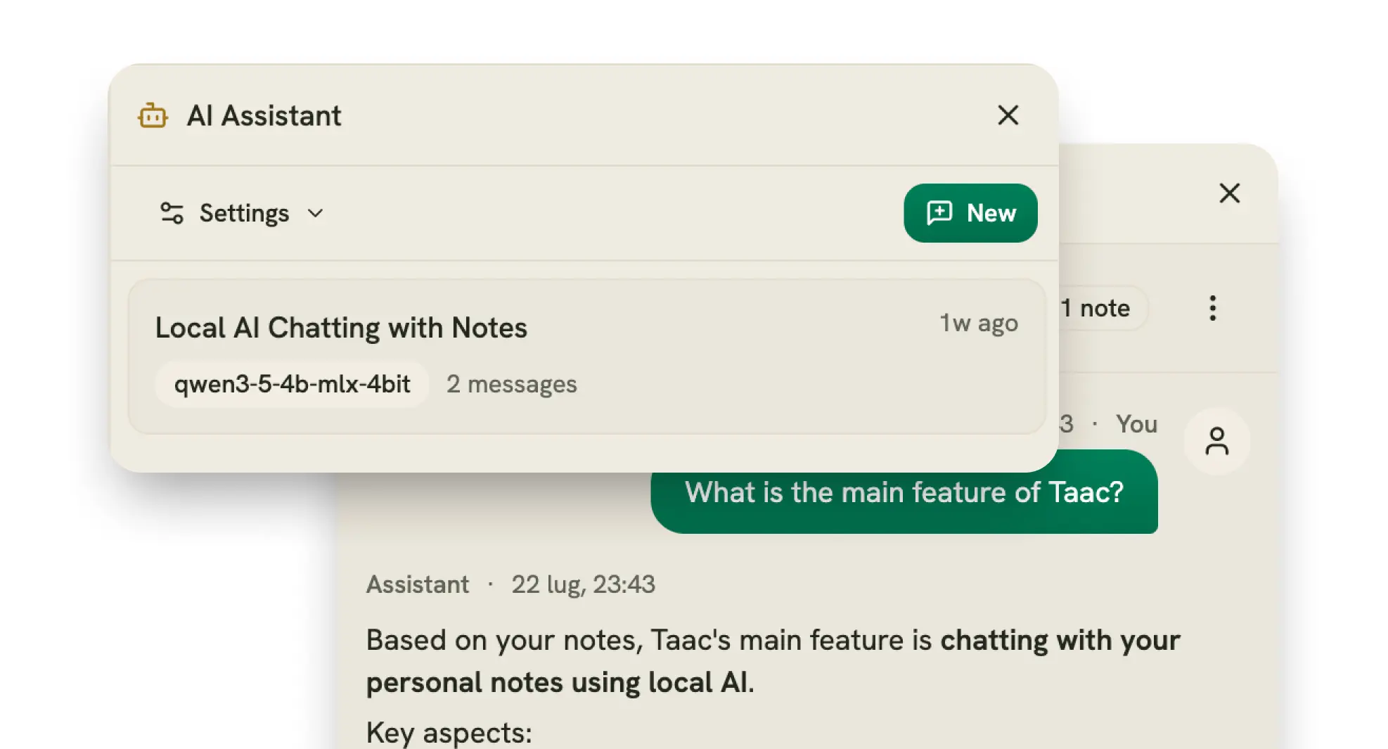 The Taac AI panel answering a question with a citation back to the note it used