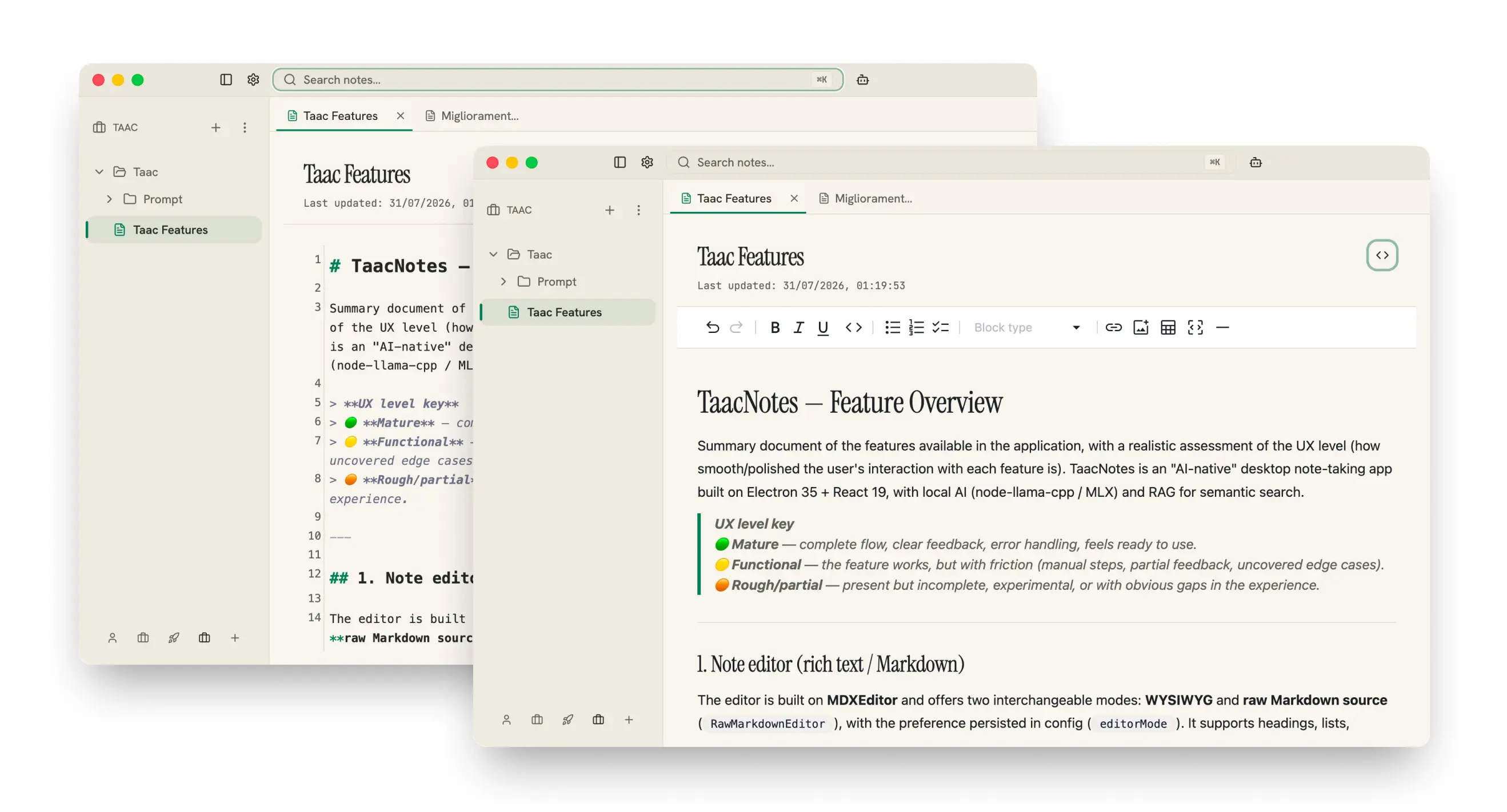 The Taac Markdown editor with formatting toolbar and a note open